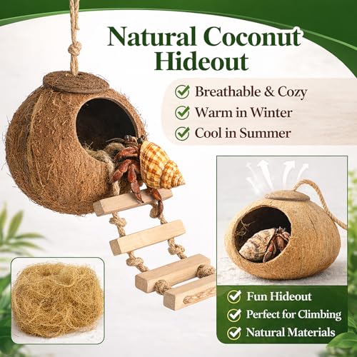 HERCOCCI Gecko Tank Accessories, Hermit Crab Toys Coconut Shell Natural Coconut Husk Hut with Climbing Ladder with Suction Cup for Leopard Gecko Snake Reptiles
