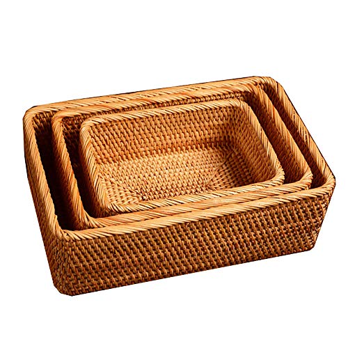 Handmade Rectangle Wicker Fruit Box Rattan Tray Magazine Organizer and Small Objects Container Serving Basket (3-Size/Kit) - size: 3-Size/Kit