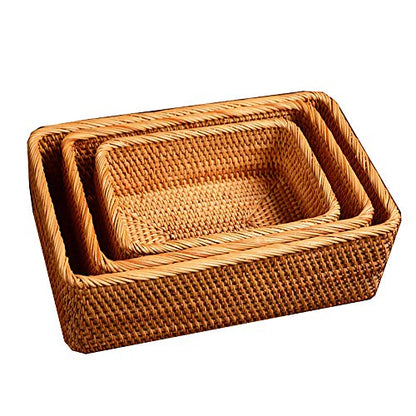 Handmade Rectangle Wicker Fruit Box Rattan Tray Magazine Organizer and Small Objects Container Serving Basket (3-Size/Kit) - size: 3-Size/Kit
