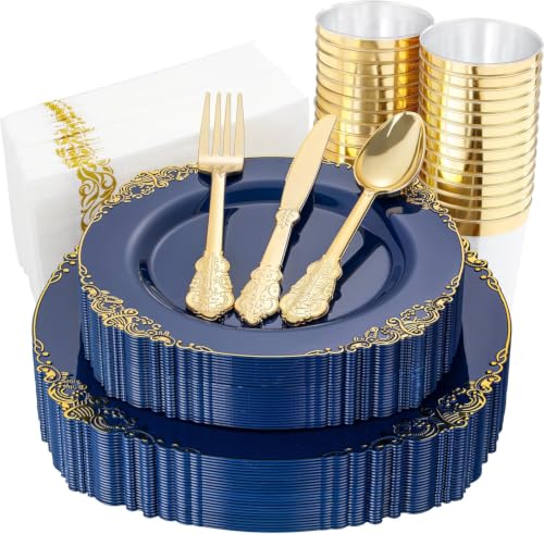 Nervure 175Pcs Blue Plastic Plates, Disposable Dinnerware Set for 25 Guests - color: Navy, style: 175Pcs(25Guests)