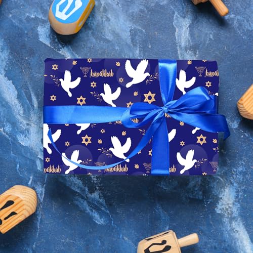 Cuitpan Hanukkah Wrapping Paper - Festival Gift Wrap with Doves, Menorahs, Star of David & Hanukkah Design - Perfect for Jewish Holiday Presents - 40×28 Inches, 4 Folded Sheets - color: Blue-Hanukkah