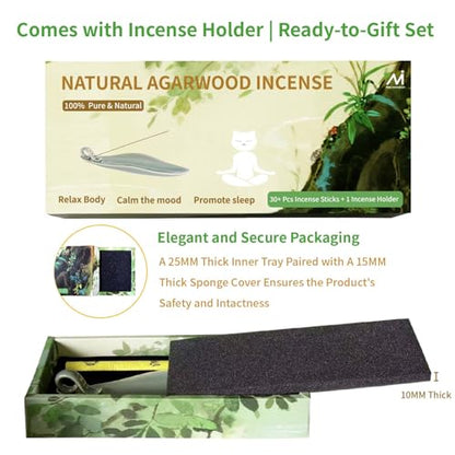 Natural Oud Agarwood Incense Stick Gift Set - Ceramic Incense Holder with Ash Catcher, Indoor Meditation Incense Burner Kit for Home Fragrance & Zen Relaxation
