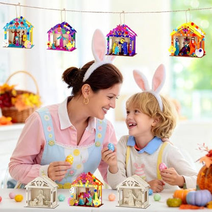 8Pcs Christian Easter Crafts Wooden House for Boy Girl & Adult, Religious Easter Activities DIY Kit with Jesus He Is Risen Egg Bunny, Spring Bible Art Gift for Basket Stuffers Party Favors Decor Bulk - style: Christian Easter