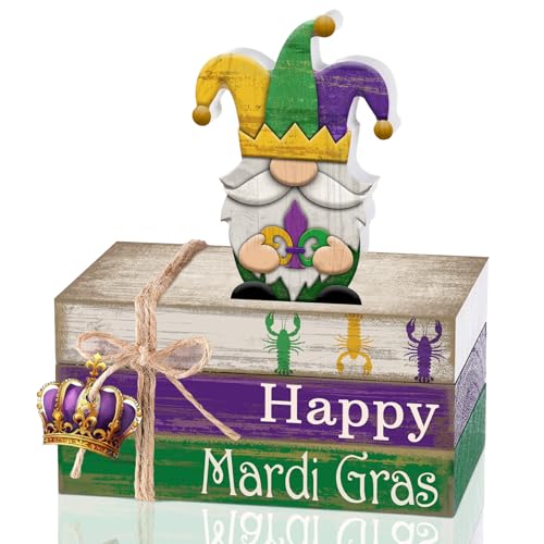 4 Pcs Mardi Gras Decorations Wooden Mardi Gras Table Centerpiece Crawfish Gnome Carnival Tiered Tray Decorations Mini Wooden Faux Books Stack Signs for Masquerade Office Tabletop Bookshelf - style: Crowns