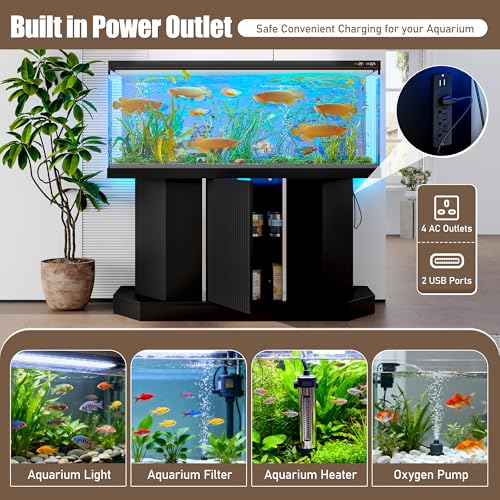 55-75 Gallon Aquarium Stand with Power Outlet (4 AC & 2 USB), Heavy Duty Fish Tank Stand with Sliding Barn Doors, Storage Cabinet for Turtle Tank & Reptile Terrarium, 880LBS - color: Black