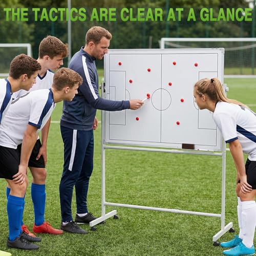 Double-Sided Soccer Coaching Board Height Adjustable Dry Erase Whiteboard with Wheels 360 Degree Reversible Soccer Tactics Board with Magnets Pen & Eraser for Teaching Training - color: Football