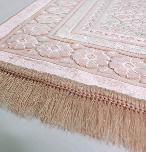 Modefa Velvet Prayer Rug with Prayer Beads Turkish Janamaz Sajadah Floral Stamp Luxury Plush (Light Pink) - color: Light Pink