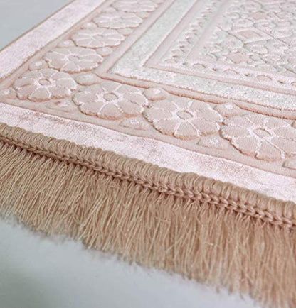 Modefa Velvet Prayer Rug with Prayer Beads Turkish Janamaz Sajadah Floral Stamp Luxury Plush (Light Pink) - color: Light Pink