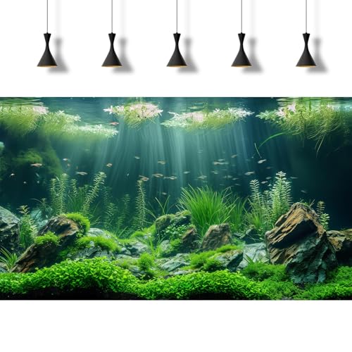 Underwater Aquatic Seagrass Aquarium Background Under The Sea Grass Leaves Lush Green Moss Fish Tank Background Deep Sea Rock Cork with Foggy Misty Sunbeams Terrarium Backgrounds Wallpaper 48x24in - size: 48(W)x24(H)inches/ 120(W)*60cm(H)