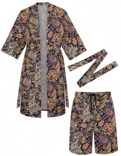 COOFANDY Men Lightweight 2 Piece Kimono Robe with Shorts Japanese Robes Casual Open Front Long Cardigan With Belt - color: Navy Blue(cashew Flowers), size: Medium