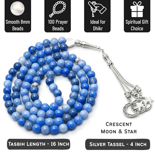 Amazing Gemstone Blue Aventurine Tasbeeh with Moon and Star Charm - Certified Crystal Muslim Prayer Beads Natural Gemstone Tasbih Gift for Ramadan Dhikr and Daily Namaz (S) - color: Blue Aventurine