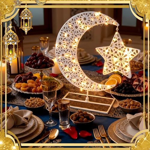 MorningRo Eid Mubarak Table Decoration Metal Ramadan Moon Star Table Decor with LED Light Metal Crescent Ramadan Kareem Desk Ornament for Home Decor Islamic Muslim Gifts - style: Elegant