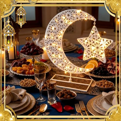 MorningRo Eid Mubarak Table Decoration Metal Ramadan Moon Star Table Decor with LED Light Metal Crescent Ramadan Kareem Desk Ornament for Home Decor Islamic Muslim Gifts - style: Elegant