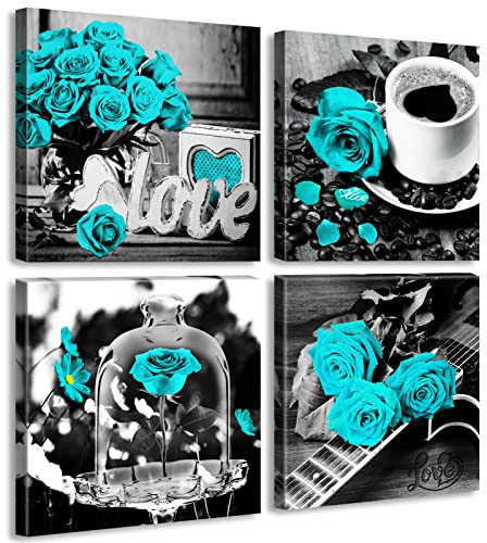 DJSYLIFE Teal Rose Canvas Wall Art Set of 4 for Bedroom, 12x12 Inch - color: green-02, size: 12"L x 12"W x 4 Pieces