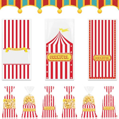 Threetols 120 Pcs Carnival Circus Cellophane Bags, Circus Gift Treat Snack Bag Goodie Candy Bag Red White Stripe Carnival Treat Plastic Bags with Twist Ties for Circus Carnival Baby Shower Party Favor - color: red