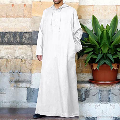 Ctreela Kaftan Thobe for Men Big And Tall Muslim Hooded Robe Mens Long Sleeve Caftan Thawb Islamic Ramadan Masjid Gown - color: White, size: Medium