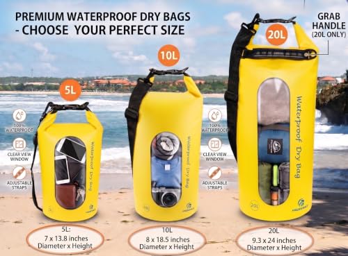 Freegrace Waterproof Dry Bag Set of 3 - Submersible Dry Sack with Double Zip Lock Seals - Includes Waist Pouch & Phone Case - Perfect for Kayaking, Swimming, Boating & Rafting (Yellow(Window), 20L) - color: Yellow, size: 20L, style: Window