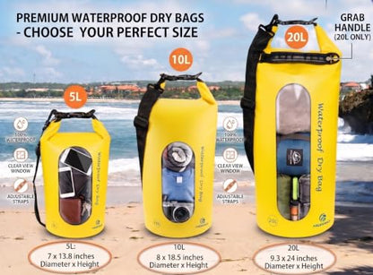 Freegrace Waterproof Dry Bag Set of 3 - Submersible Dry Sack with Double Zip Lock Seals - Includes Waist Pouch & Phone Case - Perfect for Kayaking, Swimming, Boating & Rafting (Yellow(Window), 20L) - color: Yellow, size: 20L, style: Window