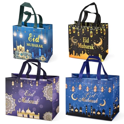 PARSUP 4PCS Eid Reusable Gift Bags, Assorted Sizes with Handles, Islamic Patterns, Non-Woven Material, Perfect for Eid Parties & Gift Giving