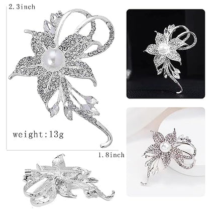 Crystal Pearl Flower Brooches Pins Fashion Beautiful Created Rhinestone Floral Brooch Good Idea for Party Dance Wedding Banquet for Elegant Women Girl - color: Silver Flower