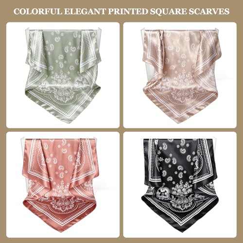 DRESHOW 35” Large Square Satin Head Scarf - 4Pcs Silk Accessories Classic Patterned Squares Beach Bandanas for Women - color: 4 Pcs Printed: Camel, Reddish Brown, Green, Black