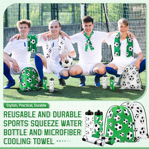 FuWeave 18 Pcs Sports Party Favors Basketball Soccer Water Bottle Baseball Softball Cooling Towel 6 Sports Water Bottle 6 Ice Towel 6 Drawstring Bag Football Volleyball Towel for Team Gift