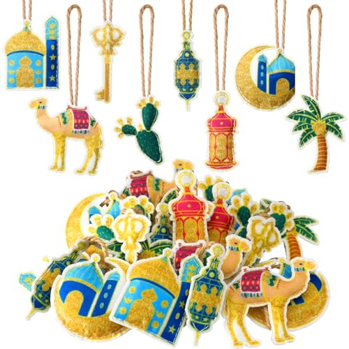 HunnmingRe 24 Pcs Ramadan Tree Ornaments Felt Eid Mubarak Decoration Eid Al Fitr Hanging Castle Lantern Star Moon Islamic Ornaments for Tree Ramadan Mubarak Decor for Home Party Supplies (Glitter) - style: Glitter