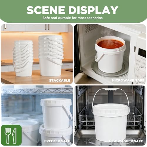 4 Pack 1.3 Gallon White Plastic Storage Buckets with Screw Lids, Food Grade Container with Measurement Markings, Reusable Small Container - color: White, size: 4pack 1.3 Gal