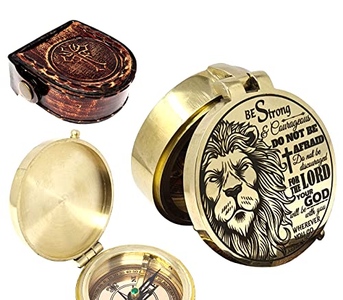 Brass Compass Engraved with Religious Scripture Verse - Ideal Gift for Son, Grandson, Daughter - Perfect for Baptism, Communion, Church and Graduation Day Present - style: Joshua 1-9 - "Be Strong & Courageous"
