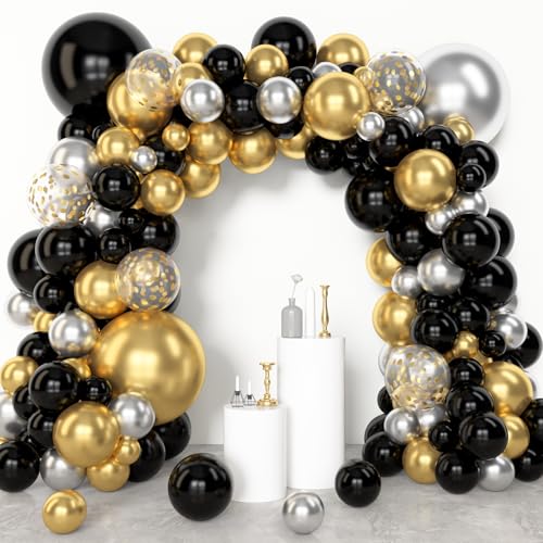 Amandir 153pcs Black and Gold Balloons Arch Garland Kit Different Sizes 18 12 10 5inch Silver Latex Metallic Confetti Graduation Balloons Class of 2026 Decorations Birthday Graduation Party Supplies - color: Black Gold