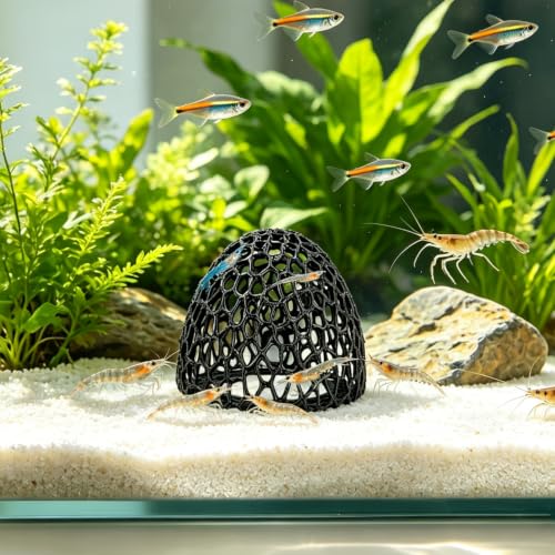 Shrimp Cave with Suction Cup | Stable Resting Hiding Place for Cherry & Dwarf Shrimp, Guppy, Small Fish (black) - color: black