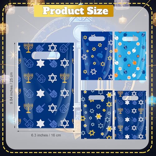 Geyoga 100 Pcs Eid Ul Fitr Gift Bags Ramadan Party Favor Bags Plastic Ramadan Blue Star of David Dreidel Treat Candy Bag with Handles for Eid Ul Fitr Party Supplies - style: Hanukkah