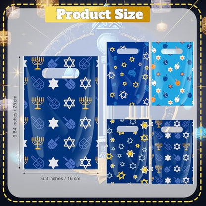 Geyoga 100 Pcs Eid Ul Fitr Gift Bags Ramadan Party Favor Bags Plastic Ramadan Blue Star of David Dreidel Treat Candy Bag with Handles for Eid Ul Fitr Party Supplies - style: Hanukkah