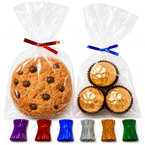 200 Clear Treat Bags 4'' x 6'' (10.2 x 15.3cm) with Twist Ties 6 Mix Colors - 1.4 Mil Thick OPP Cello Bags for Cookies, Brownies, Snack Favors, Bake Sales, Classrooms and Party Tables - size: 4'' x 6''
