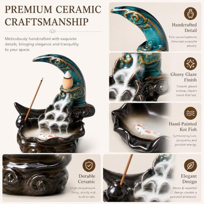 Ceramic Incense Holder Backflow Handcraft Moon Incense Burner with 30 Incense Cones 1 Tweezer 1 Mat 30 Incense Sticks for Home Decoration Ornament Aromatherapy and Meditation