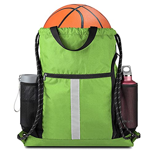 BeeGreen Cinch Bag Backpack String Gym Sackpack with Shoe Compartment and Two Side Mesh Pockets Large Lightweight Portable Sport Drawstring Sack - color: Lime, style: Drawstring With Shoe Compartment