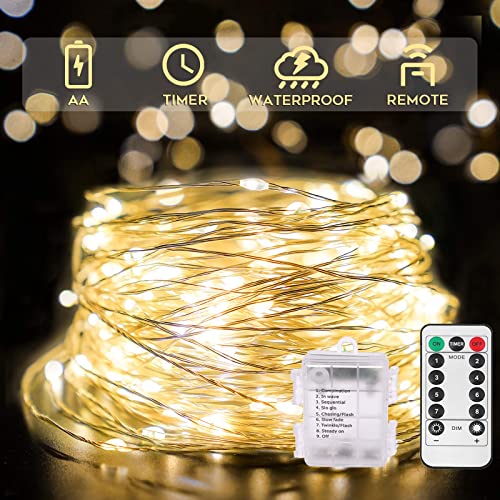 suddus 66ft 200 LED Outdoor String Lights,Fairy Lights Battery Operated with Remote, Twinkle Lights Battery Operated for Bedroom, Dorm, Patio, Fireplace,Garden, Party, Wedding DIY,Indoor(Warm White) - color: Warm White, size: 200LED