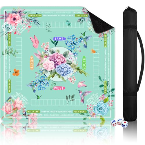 31.5" x 31.5" Floral Mahjong Mats with Rules, Hummingbird Pattern - color: Green