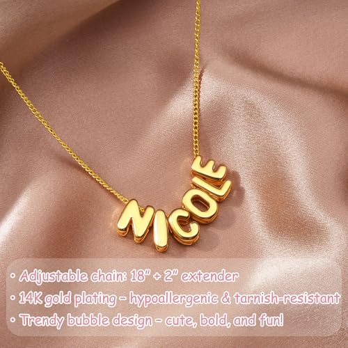 Ldurian Personalized Bubble Name Necklace, Tiny Name Plate Pendant Necklace, 14K Gold Plated Charm Cute Pre-made Jewelry for Women - size: 14 Alejandro