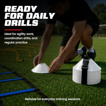American Challenge Large Disc Cones – Set of 6 Agility Cones for Sports Training – Compact Soccer Cones with Carry Strap for Drills & Practice - color: White