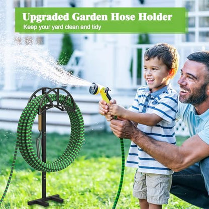 Mr IRONSTONE Heavy Duty Freestanding Garden Hose Stand With 4 Ground Spikes, Upgraded Stainless Steel Hardware Water Hose Holder, Black