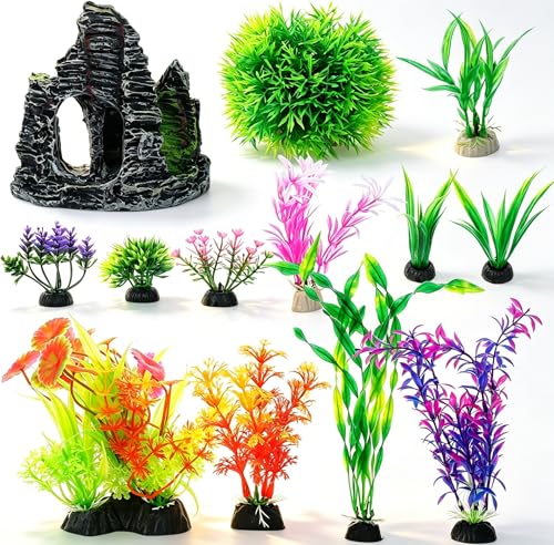 Toyvian Aquarium Decorations Set 13Pcs Realistic Aquarium Fake Plants and Rock Cave Hideouts Fish Tank Decor Kit for Bettas Goldfish Tropical Fish 4.44X4.25X2.16In