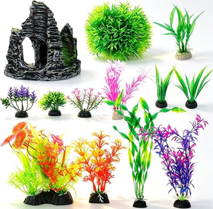 Toyvian Aquarium Decorations Set 13Pcs Realistic Aquarium Fake Plants and Rock Cave Hideouts Fish Tank Decor Kit for Bettas Goldfish Tropical Fish 4.44X4.25X2.16In