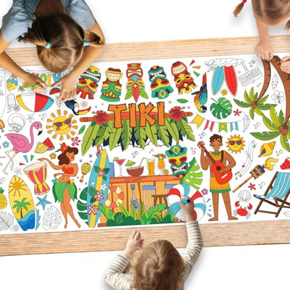 Gatherfun Hawaiian Luau Party 자이언트 컬러링 식탁보, 80.9 x 182.9cm(31.5 x 72인치), 하와이안 파티 장식, 티키 파티 장식, 학교 파티용 컬러링 테이블 커버 - style: TIKI
