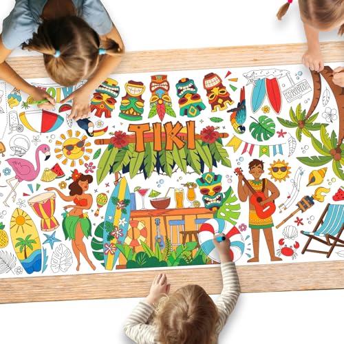Gatherfun Hawaiian Luau Party 자이언트 컬러링 식탁보, 80.9 x 182.9cm(31.5 x 72인치), 하와이안 파티 장식, 티키 파티 장식, 학교 파티용 컬러링 테이블 커버 - style: TIKI