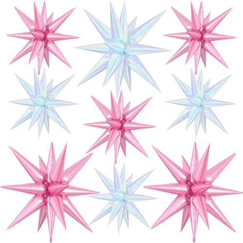 9Pcs Pink Iridescent Star Balloons, Spike Foil Balloons Girls Party Decor - color: Iridescent + Light Pink