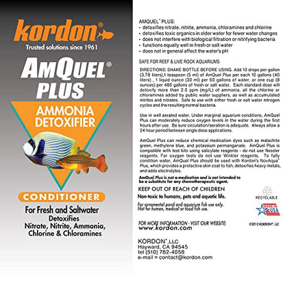 Kordon AmQuel Plus Aquarium Water Conditioner - Instantly Detoxifies Ammonia, Nitrite, Nitrate, and Chlorine Remover for Freshwater & Saltwater Aquariums, 16 Ounces (Pack of 2) - size: 16 Ounces (Pack of 2)
