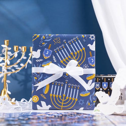RUSPEPA Hanukkah Wrapping Paper Sheets, Menorah, Star of David, Dreidel and Floral Design, Blue and Gold Gift Wrap Perfect for Jewish Holiday Gifts and Christmas, 6 Folded Sheets, 19.68 X 27.5 Inch - color: Dark Blue Hanukkah