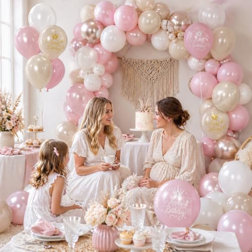 Dusty Pink Beige Gold Birthday Balloons for Women Girls, Double Stuffed Pearl Light Pink Dusty Rose Sand White Cream Printed Balloons with Metallic Light Gold Balloon for Boho Neutral Birthday Party - color: Dusty Pink White Birthday