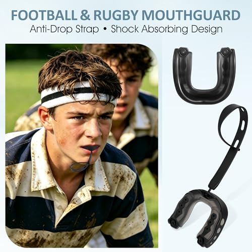 Football Mouth Guard, 2Pack Youth Mouth Guard Soft Mouthpiece with Case, Professional Sports MouthGuard for Boxing, Hockey, Basketball, Lacrosse(Black&Blue)